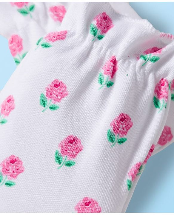 Babyhug 100% Cotton Knit Mittens & Booties Set with Floral Print - White