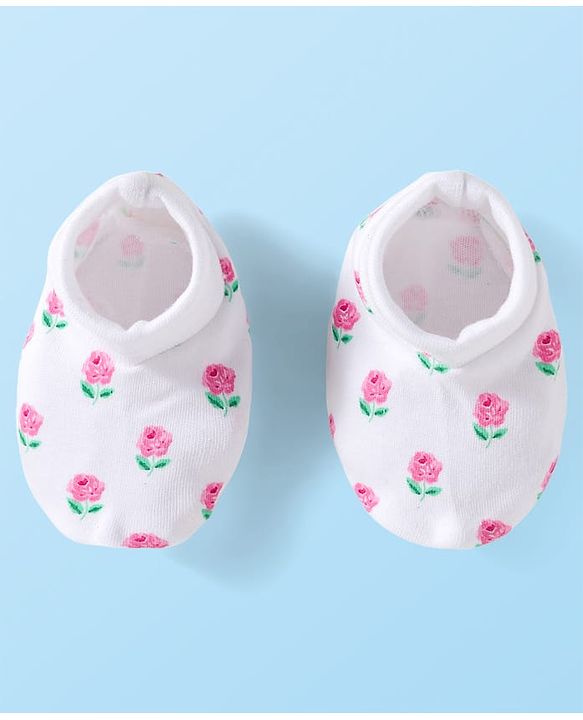 Babyhug 100% Cotton Knit Mittens & Booties Set with Floral Print - White