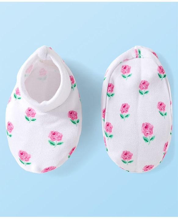 Babyhug 100% Cotton Knit Mittens & Booties Set with Floral Print - White