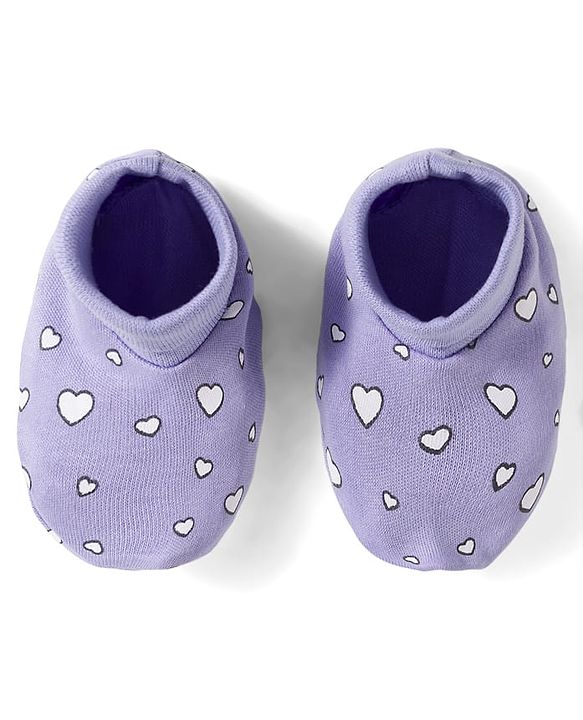 Babyhug 100% Cotton Knit Mittens & Booties Set with Heart Print - Lavender