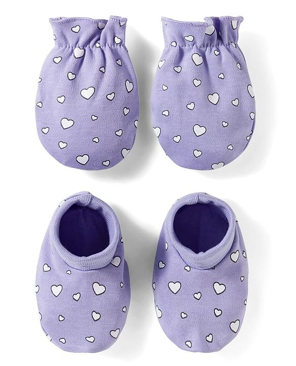Babyhug 100% Cotton Knit Mittens & Booties Set with Heart Print - Lavender