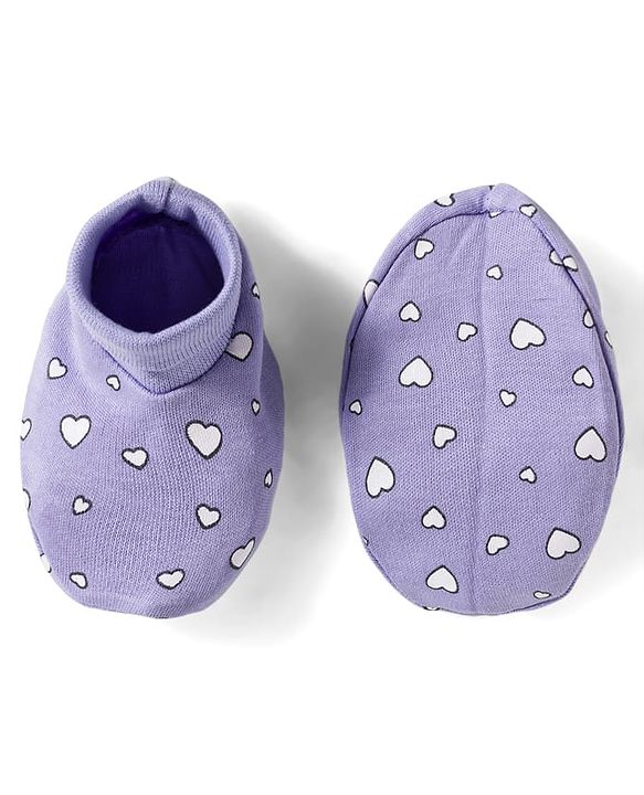 Babyhug 100% Cotton Knit Mittens & Booties Set with Heart Print - Lavender