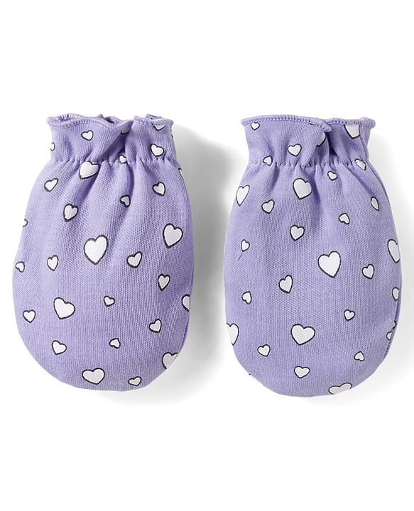 Babyhug 100% Cotton Knit Mittens & Booties Set with Heart Print - Lavender