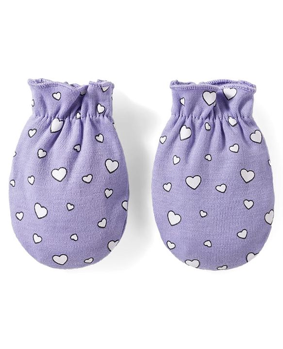 Babyhug 100% Cotton Knit Mittens & Booties Set with Heart Print - Lavender