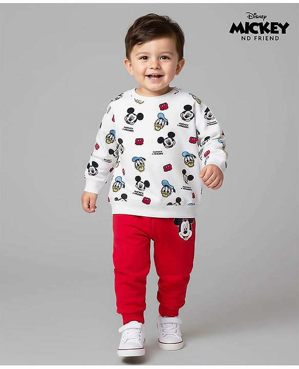 Babyhug Disney Terry Knit Full Sleeves Sweatshirt and Track Pant Set with Mickey Mouse Graphic - White & Red