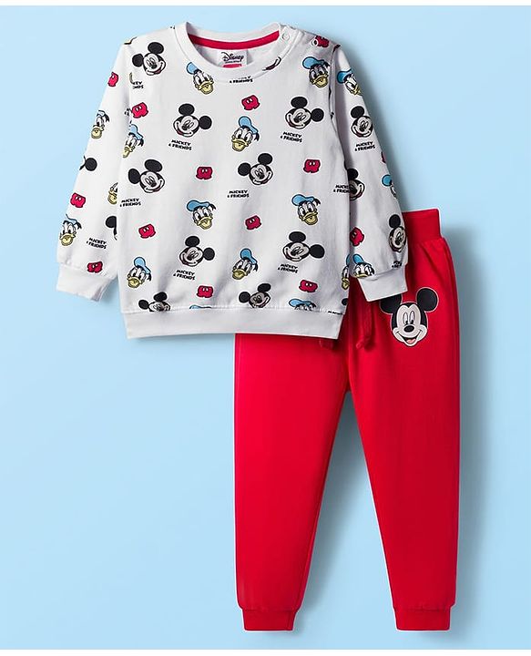 Babyhug Disney Terry Knit Full Sleeves Sweatshirt and Track Pant Set with Mickey Mouse Graphic - White & Red