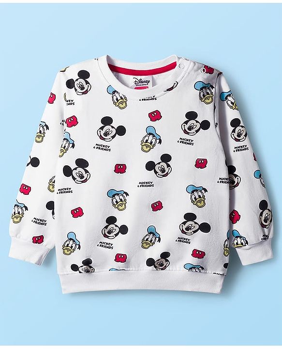 Babyhug Disney Terry Knit Full Sleeves Sweatshirt and Track Pant Set with Mickey Mouse Graphic - White & Red