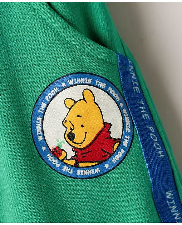Babyhug Disney Terry Knit  Full Raglan Sleeves Cut & Sew Sweatshirt and Track Pant with Winnie the Pooh Graphic - Green & Blue