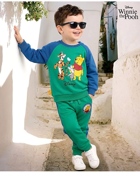 Babyhug Disney Terry Knit  Full Raglan Sleeves Cut & Sew Sweatshirt and Track Pant with Winnie the Pooh Graphic - Green & Blue