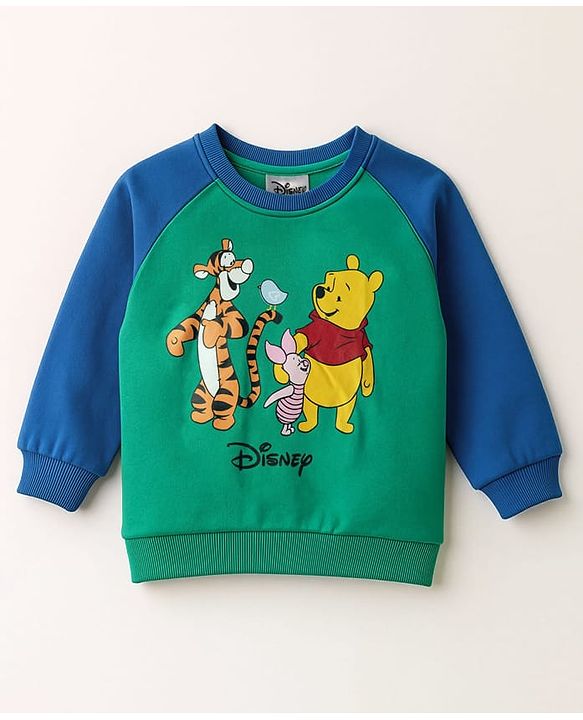 Babyhug Disney Terry Knit  Full Raglan Sleeves Cut & Sew Sweatshirt and Track Pant with Winnie the Pooh Graphic - Green & Blue