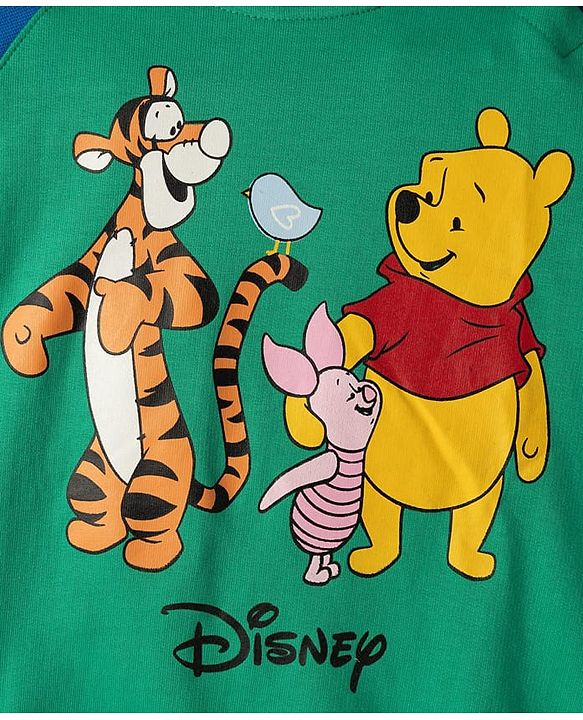 Babyhug Disney Terry Knit  Full Raglan Sleeves Cut & Sew Sweatshirt and Track Pant with Winnie the Pooh Graphic - Green & Blue