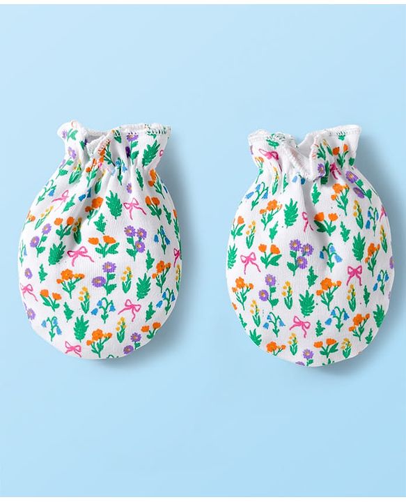 Babyhug 100% Cotton Knit Mittens & Booties With Floral Print - White