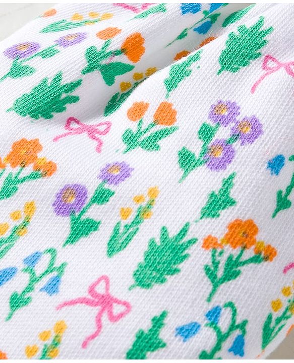 Babyhug 100% Cotton Knit Mittens & Booties With Floral Print - White
