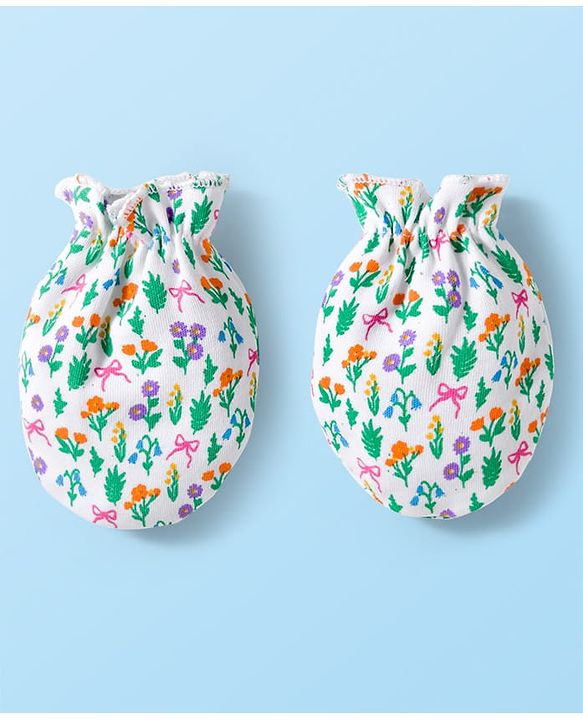 Babyhug 100% Cotton Knit Mittens & Booties With Floral Print - White