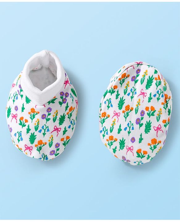 Babyhug 100% Cotton Knit Mittens & Booties With Floral Print - White