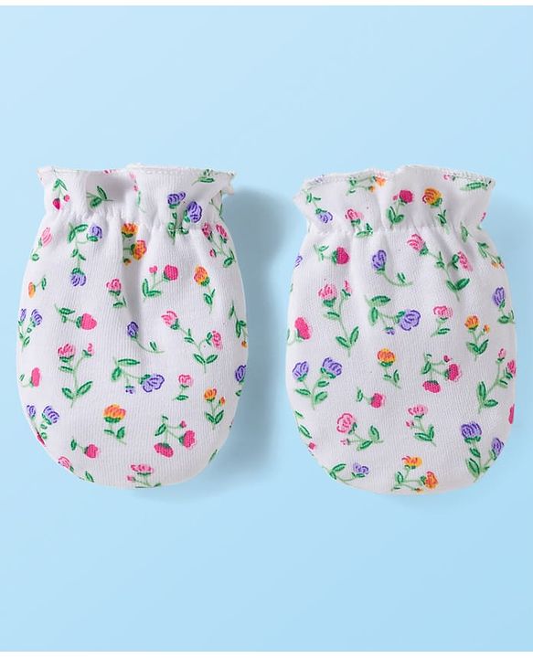 Babyhug 100% Cotton Knit Mittens & Booties Set with Floral Print - White