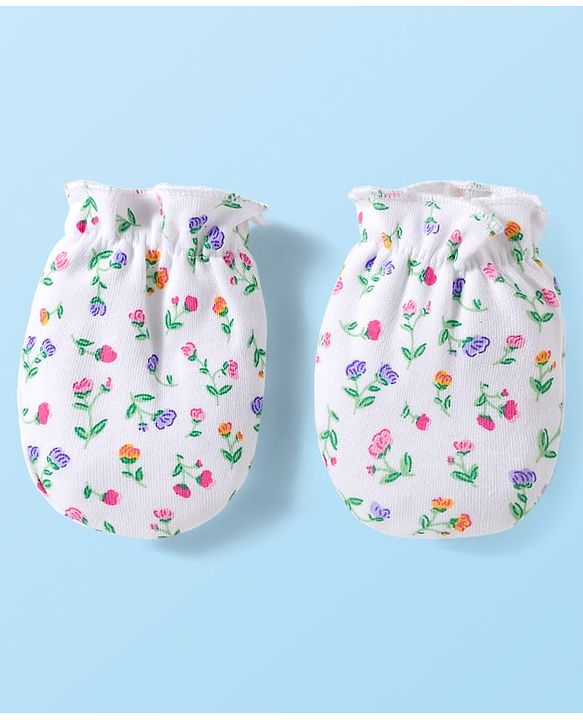 Babyhug 100% Cotton Knit Mittens & Booties Set with Floral Print - White