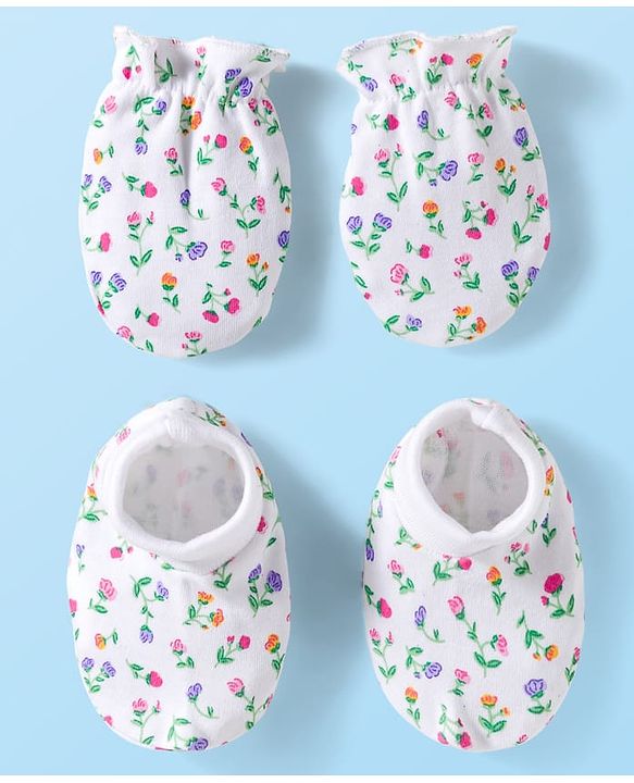 Babyhug 100% Cotton Knit Mittens & Booties Set with Floral Print - White