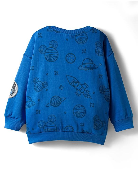 Babyhug Disney Terry Knit Full Sleeves Drop Shoulder Sweatshirt and Track Pant with Mickey Mouse Graphic - Blue