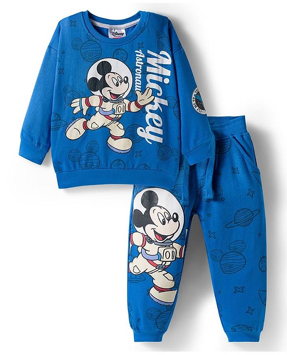 Babyhug Disney Terry Knit Full Sleeves Drop Shoulder Sweatshirt and Track Pant with Mickey Mouse Graphic - Blue