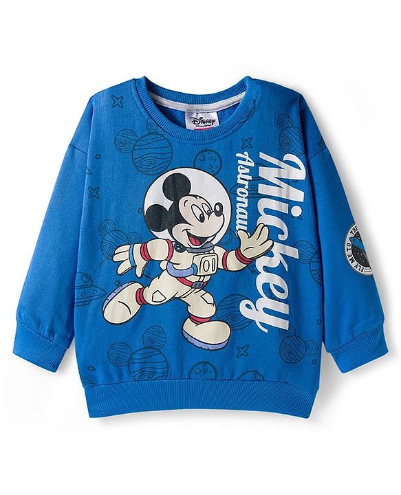 Babyhug Disney Terry Knit Full Sleeves Drop Shoulder Sweatshirt and Track Pant with Mickey Mouse Graphic - Blue