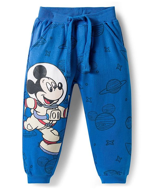Babyhug Disney Terry Knit Full Sleeves Drop Shoulder Sweatshirt and Track Pant with Mickey Mouse Graphic - Blue