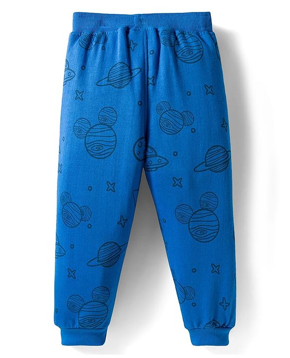 Babyhug Disney Terry Knit Full Sleeves Drop Shoulder Sweatshirt and Track Pant with Mickey Mouse Graphic - Blue