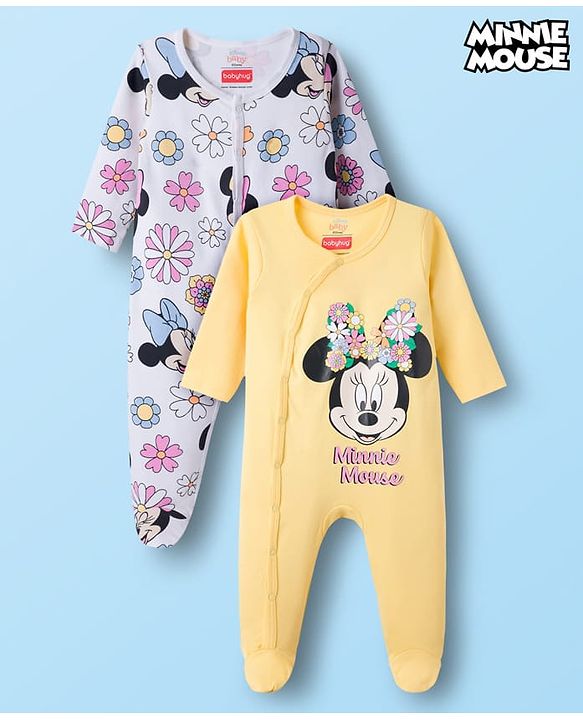 Babyhug Disney Interlock Knit Full Sleeves Footed Sleepsuit With Mickey & Friends Graphics Pack Of 2 - Yellow & White