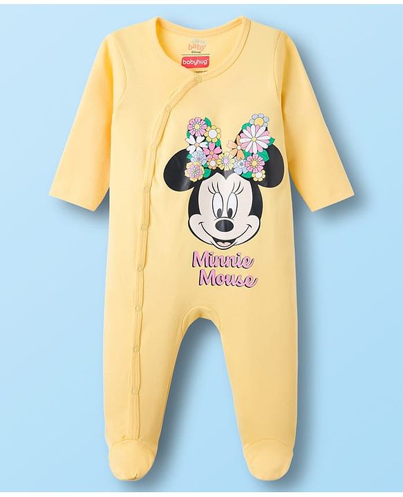 Babyhug Disney Interlock Knit Full Sleeves Footed Sleepsuit With Mickey & Friends Graphics Pack Of 2 - Yellow & White