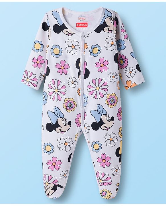 Babyhug Disney Interlock Knit Full Sleeves Footed Sleepsuit With Mickey & Friends Graphics Pack Of 2 - Yellow & White