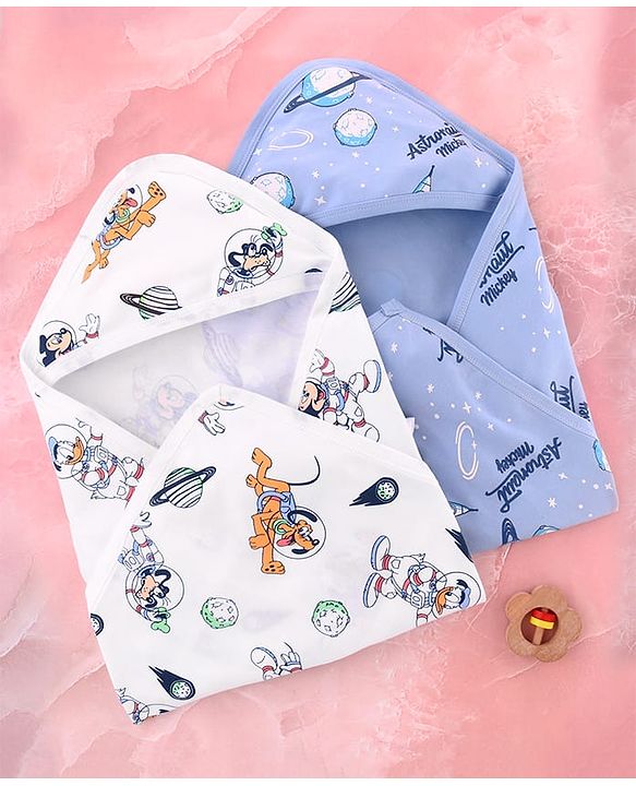 Babyhug Disney Interlock Knit Hooded Towel with Mickey & Friends Print L 76 x B 76 cm Pack Of 2 - White & Lavender