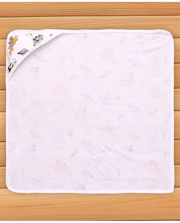 Babyhug Disney Interlock Knit Hooded Towel with Mickey & Friends Print L 76 x B 76 cm Pack Of 2 - White & Lavender