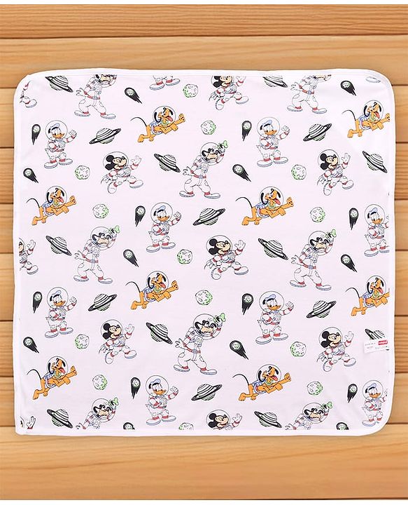 Babyhug Disney Interlock Knit Hooded Towel with Mickey & Friends Print L 76 x B 76 cm Pack Of 2 - White & Lavender