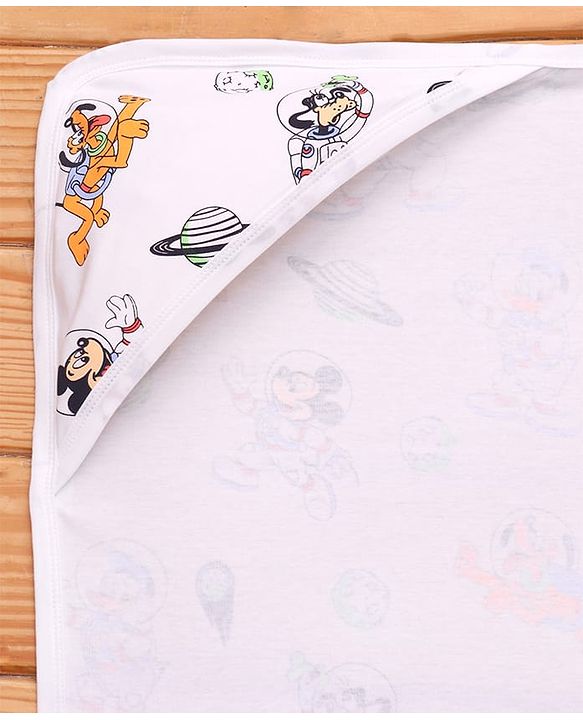 Babyhug Disney Interlock Knit Hooded Towel with Mickey & Friends Print L 76 x B 76 cm Pack Of 2 - White & Lavender