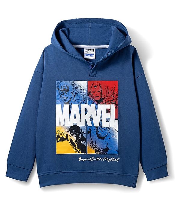 Pine Kids Marvel Terry Knit Drop Shoulder Full Sleeves Hooded Sweatshirt with Avengers Graphic - Navy Blue
