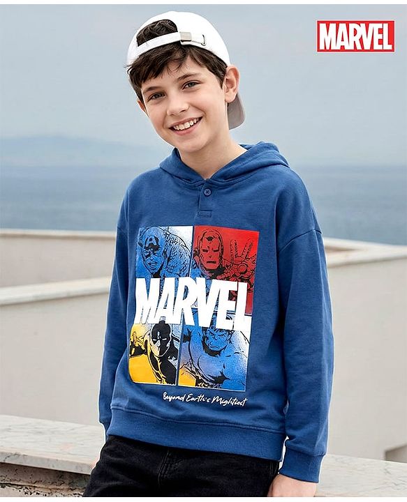 Pine Kids Marvel Terry Knit Drop Shoulder Full Sleeves Hooded Sweatshirt with Avengers Graphic - Navy Blue