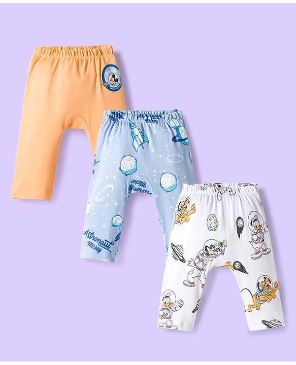 Babyhug Disney Interlock Knit Full Length Diaper Leggings With Mickey Mouse & Friends Graphics Pack of 3 - White Light Blue & Orange