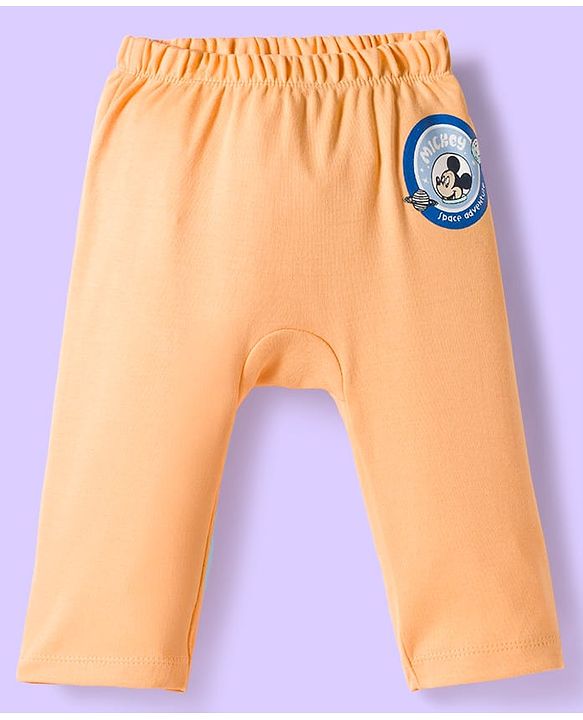 Babyhug Disney Interlock Knit Full Length Diaper Leggings With Mickey Mouse & Friends Graphics Pack of 3 - White Light Blue & Orange