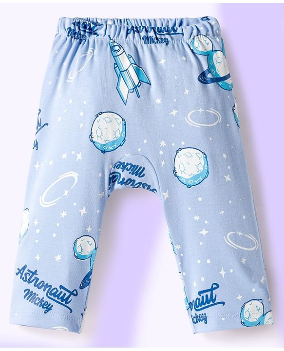 Babyhug Disney Interlock Knit Full Length Diaper Leggings With Mickey Mouse & Friends Graphics Pack of 3 - White Light Blue & Orange