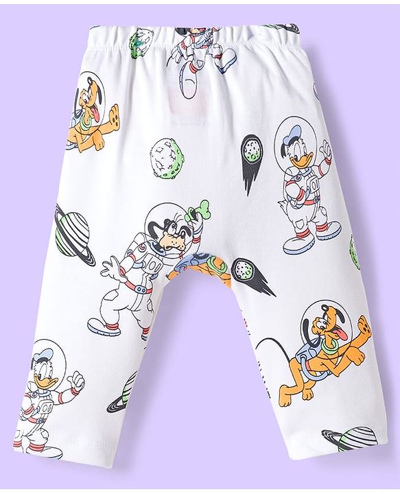 Babyhug Disney Interlock Knit Full Length Diaper Leggings With Mickey Mouse & Friends Graphics Pack of 3 - White Light Blue & Orange