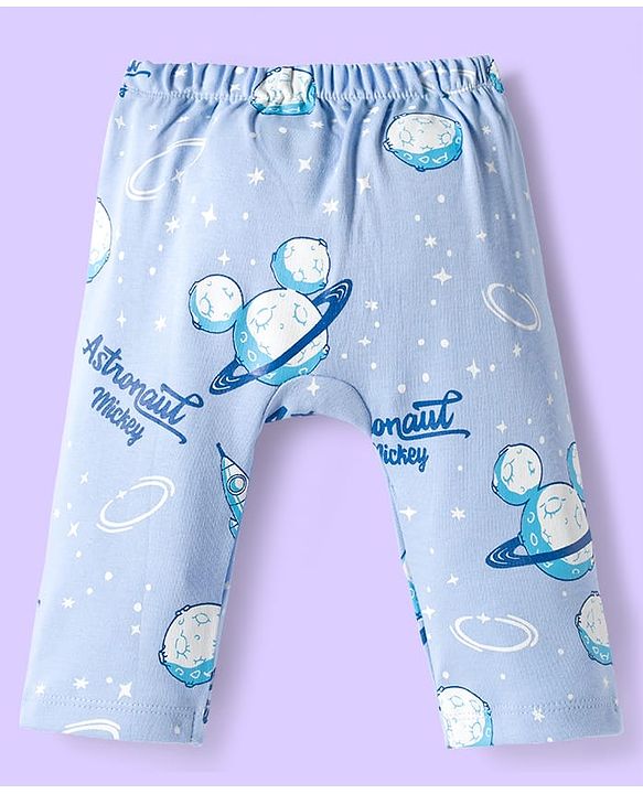 Babyhug Disney Interlock Knit Full Length Diaper Leggings With Mickey Mouse & Friends Graphics Pack of 3 - White Light Blue & Orange