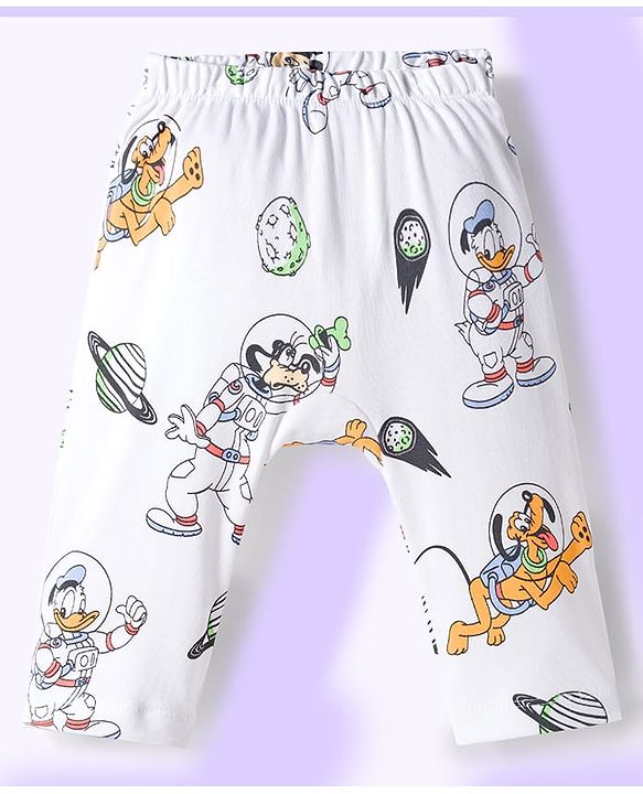 Babyhug Disney Interlock Knit Full Length Diaper Leggings With Mickey Mouse & Friends Graphics Pack of 3 - White Light Blue & Orange