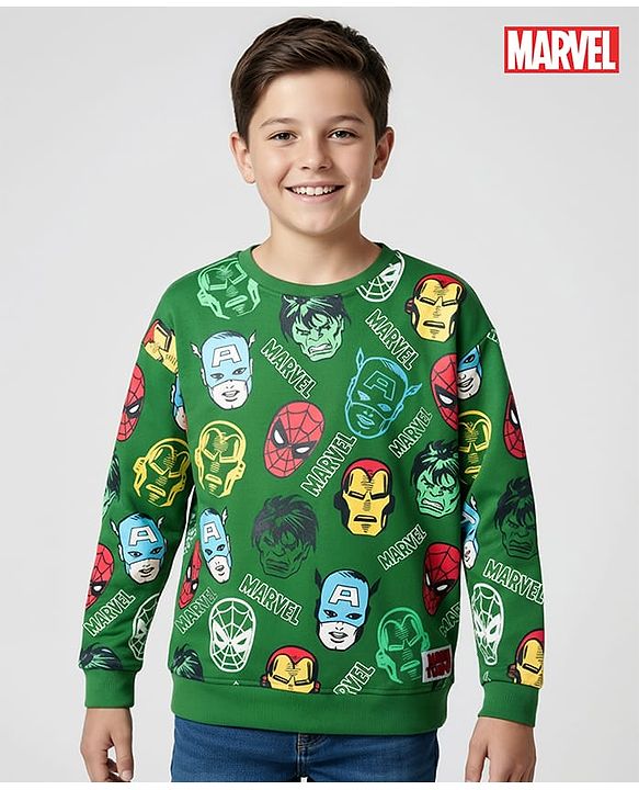 Pine Kids Marvel Terry Knit Drop Shoulder Full Sleeves Sweatshirt With Avengers Print - Green