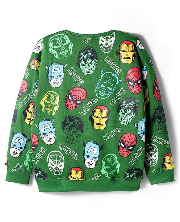 Pine Kids Marvel Terry Knit Drop Shoulder Full Sleeves Sweatshirt With Avengers Print - Green
