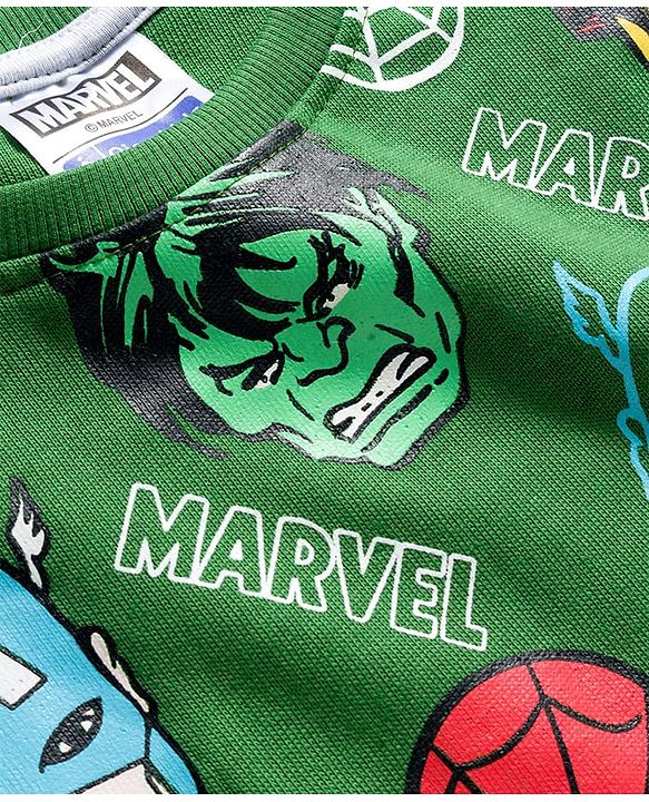 Pine Kids Marvel Terry Knit Drop Shoulder Full Sleeves Sweatshirt With Avengers Print - Green