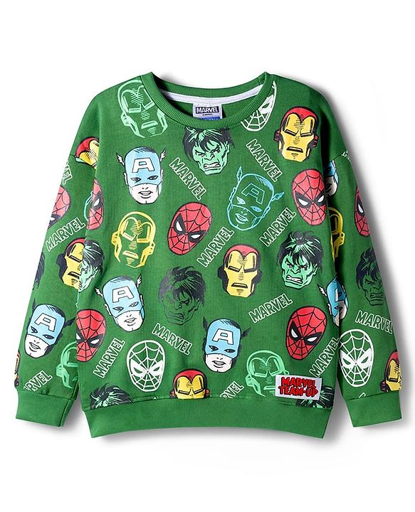Pine Kids Marvel Terry Knit Drop Shoulder Full Sleeves Sweatshirt With Avengers Print - Green