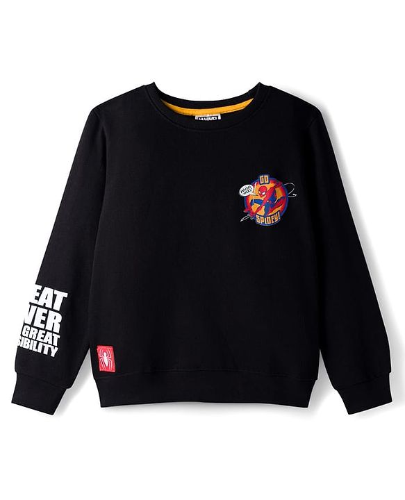 Pine Kids Marvel Terry Knit Full Sleeves Sweatshirt With Front and Back Spider-Man Graphics - Black