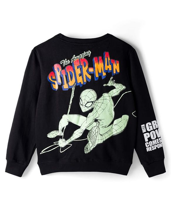 Pine Kids Marvel Terry Knit Full Sleeves Sweatshirt With Front and Back Spider-Man Graphics - Black