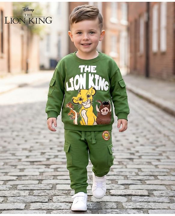 Babyhug Disney Terry Knit Full Sleeves Sweatshirt and Track Pant with Lion King Graphic & Badge Detailing - Olive Green