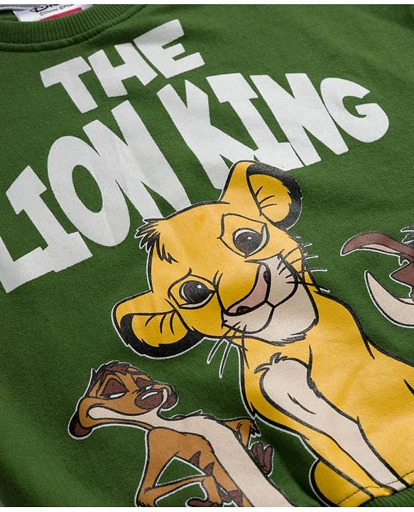 Babyhug Disney Terry Knit Full Sleeves Sweatshirt and Track Pant with Lion King Graphic & Badge Detailing - Olive Green
